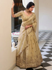 Fabulous Cream Thread Embroidery Wedding Lehenga Choli With Dupatta - Ethnic Plus In