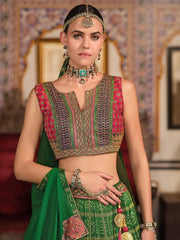 Fabulous Green Foil Printed Silk Wedding Lehenga Choli With Dupatta - Ethnic Plus In