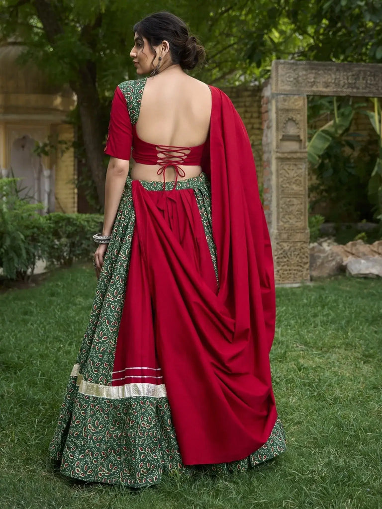 Fabulous Green Printed Cotton Navratri Lehenga Choli With Dupatta - Ethnic Plus In
