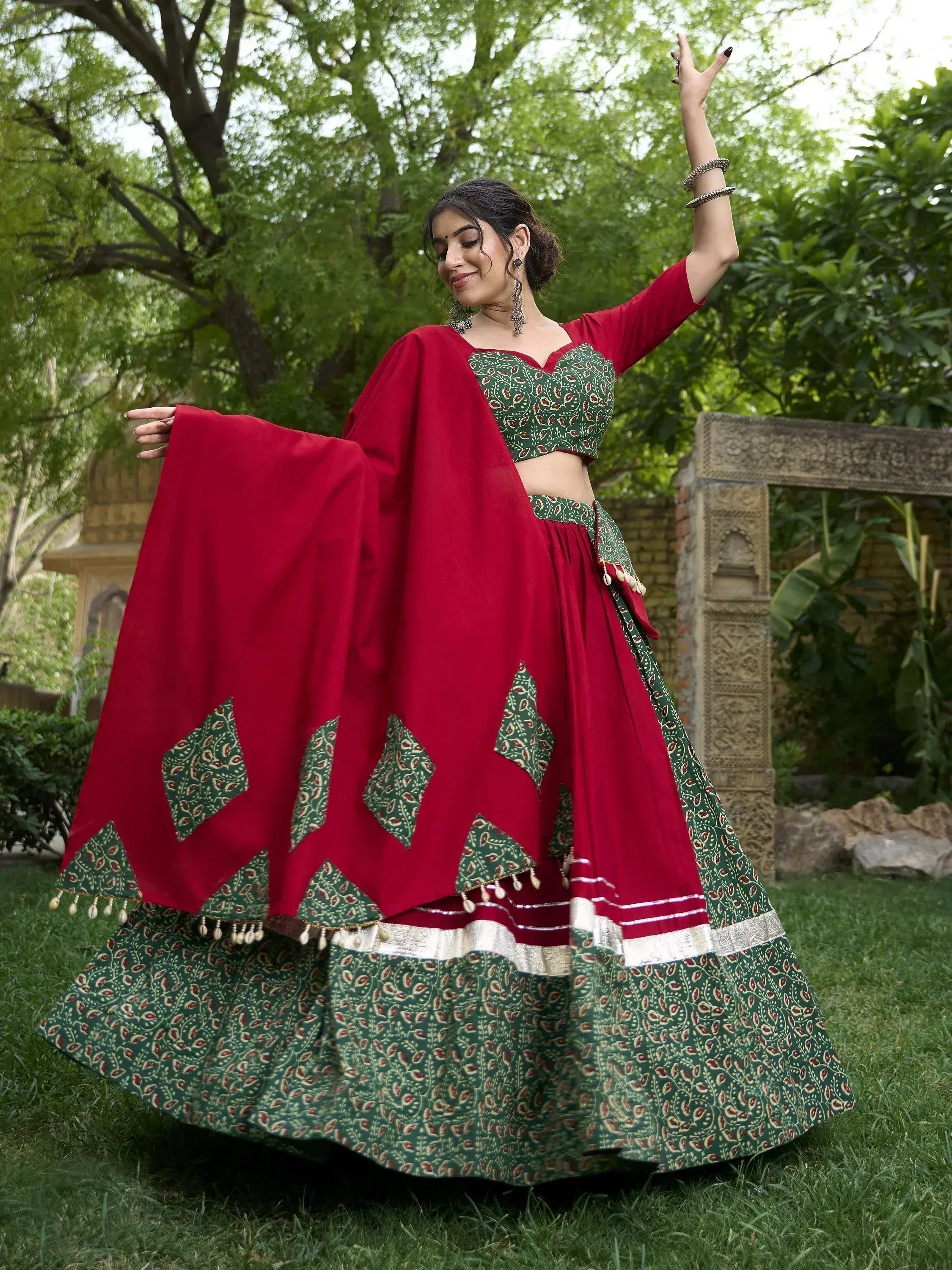 Red and green printed lehenga choli with dupatta, ethnic Indian wear for women