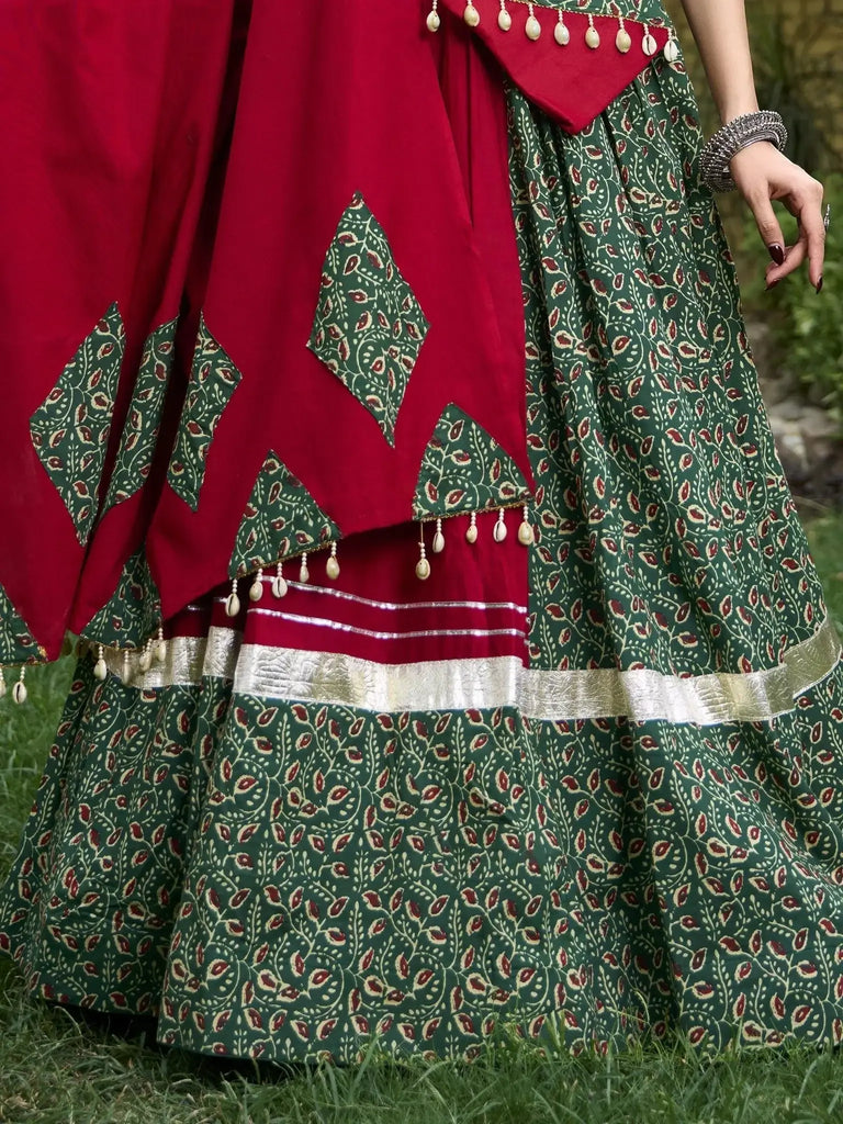 Fabulous Green Printed Cotton Navratri Lehenga Choli With Dupatta - Ethnic Plus In