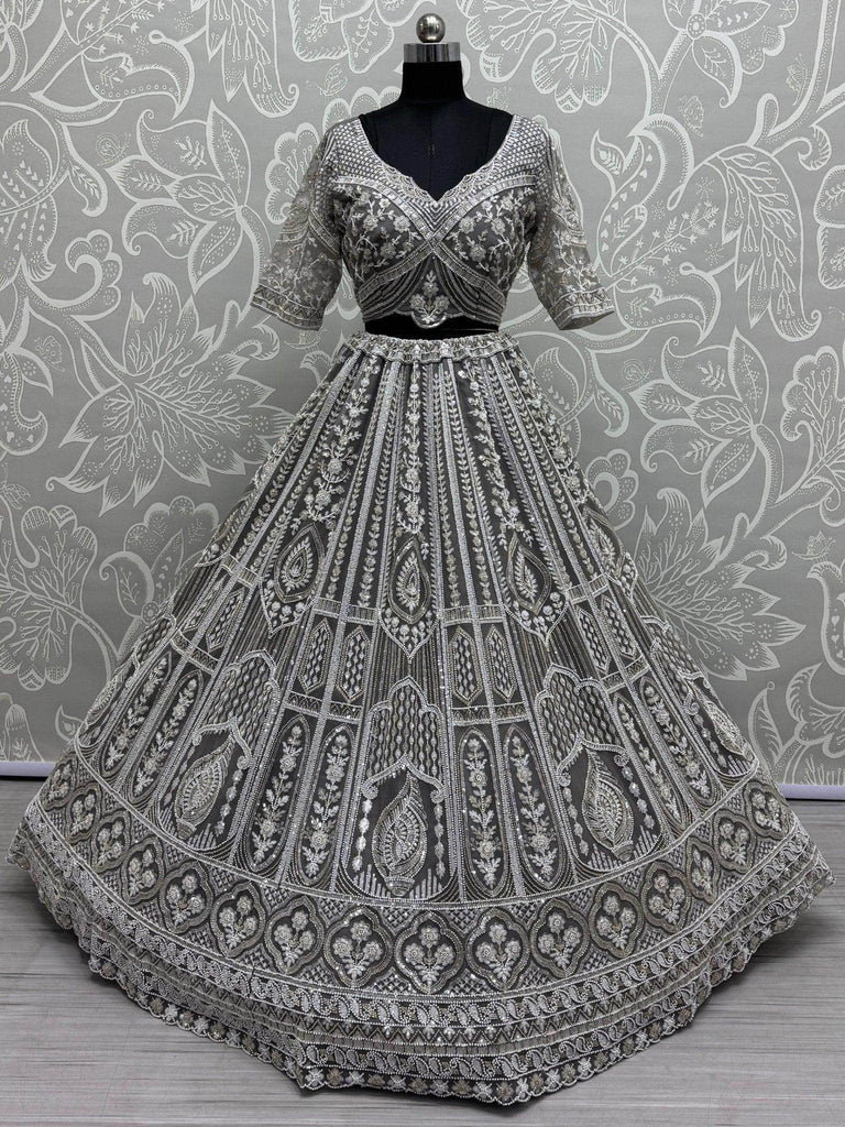 Fabulous Grey Sequins Net Reception Wear Lehenga Choli With Dupatta - Ethnic Plus In
