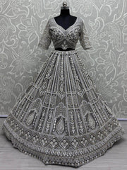 Fabulous Grey Sequins Net Reception Wear Lehenga Choli With Dupatta - Ethnic Plus In