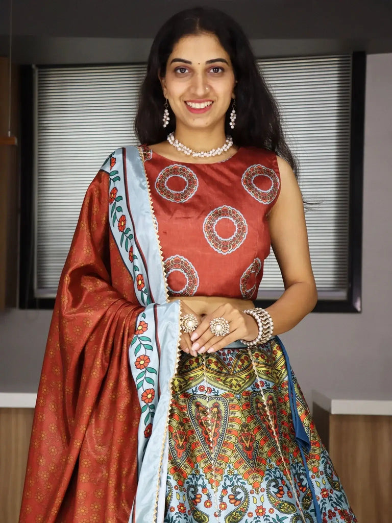 Fabulous Multi - Color Printed Art Silk Wedding Wear Lehenga Choli - Ethnic Plus In