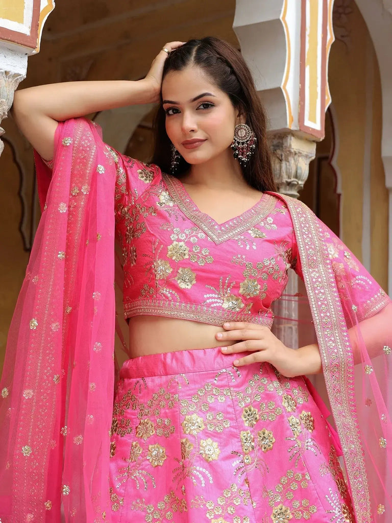 Fabulous Pink Embroidery Silk Engagement Wedding Wear Lehenga Choli - Ethnic Plus In