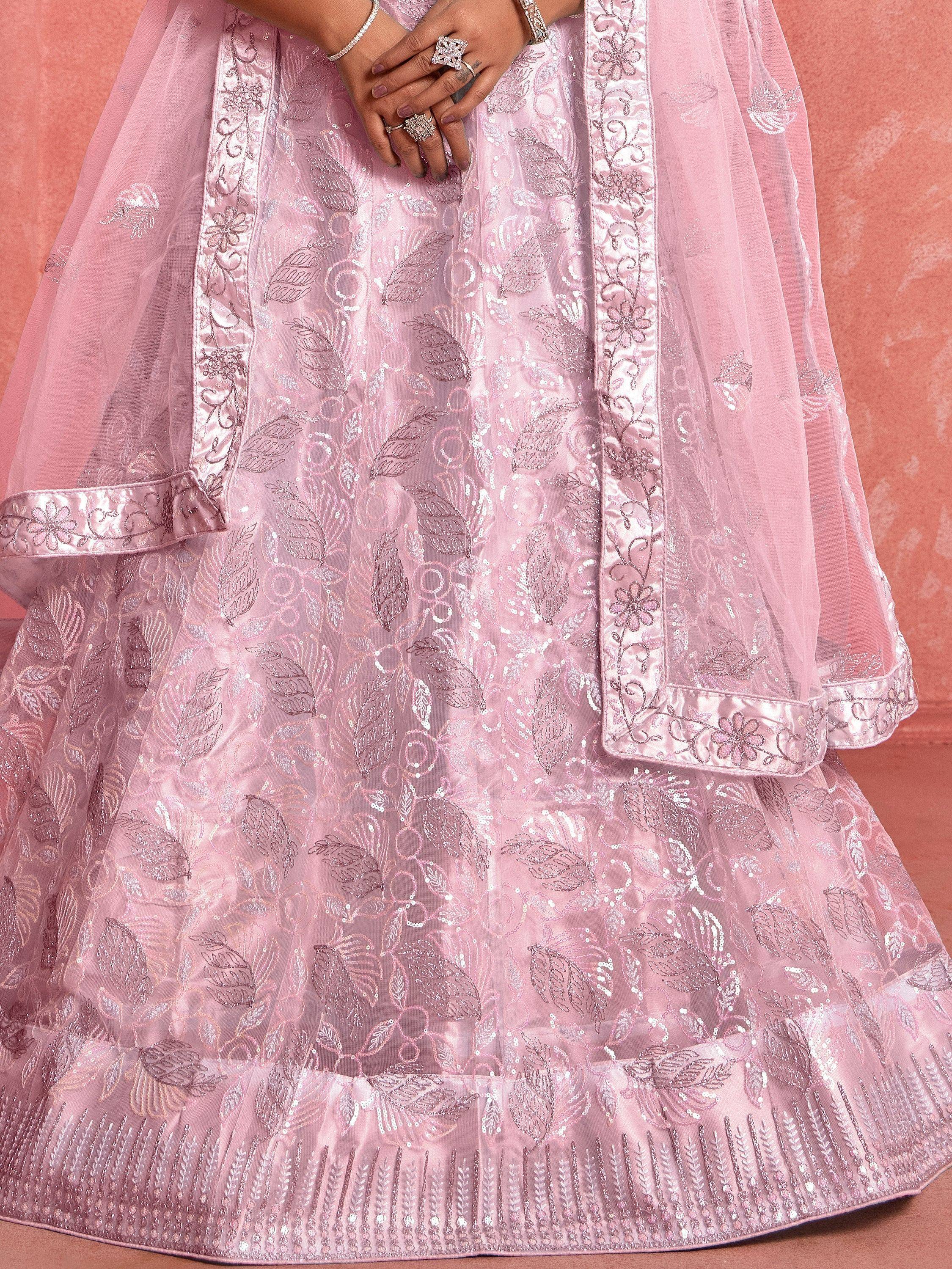 Pink embroidered lehenga choli with floral sequin detailing, perfect for Indian ethnic wear occasions
