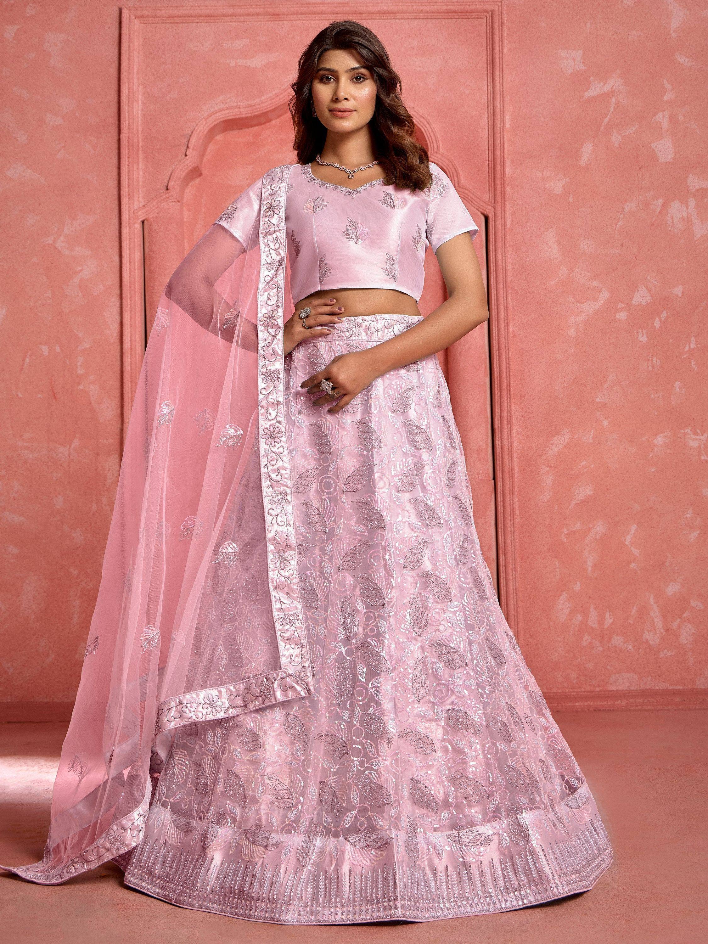 Pink embroidered lehenga choli with sheer dupatta, Indian ethnic wear for weddings and parties