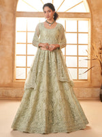 Fabulous Pista Green Embroidered Net Lehenga Choli With Dupatta