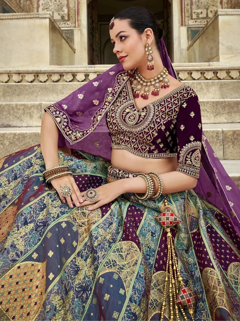 Fabulous Purple Embroidered Banarasi Silk Wedding Wear Lehenga Choli - Ethnic Plus In