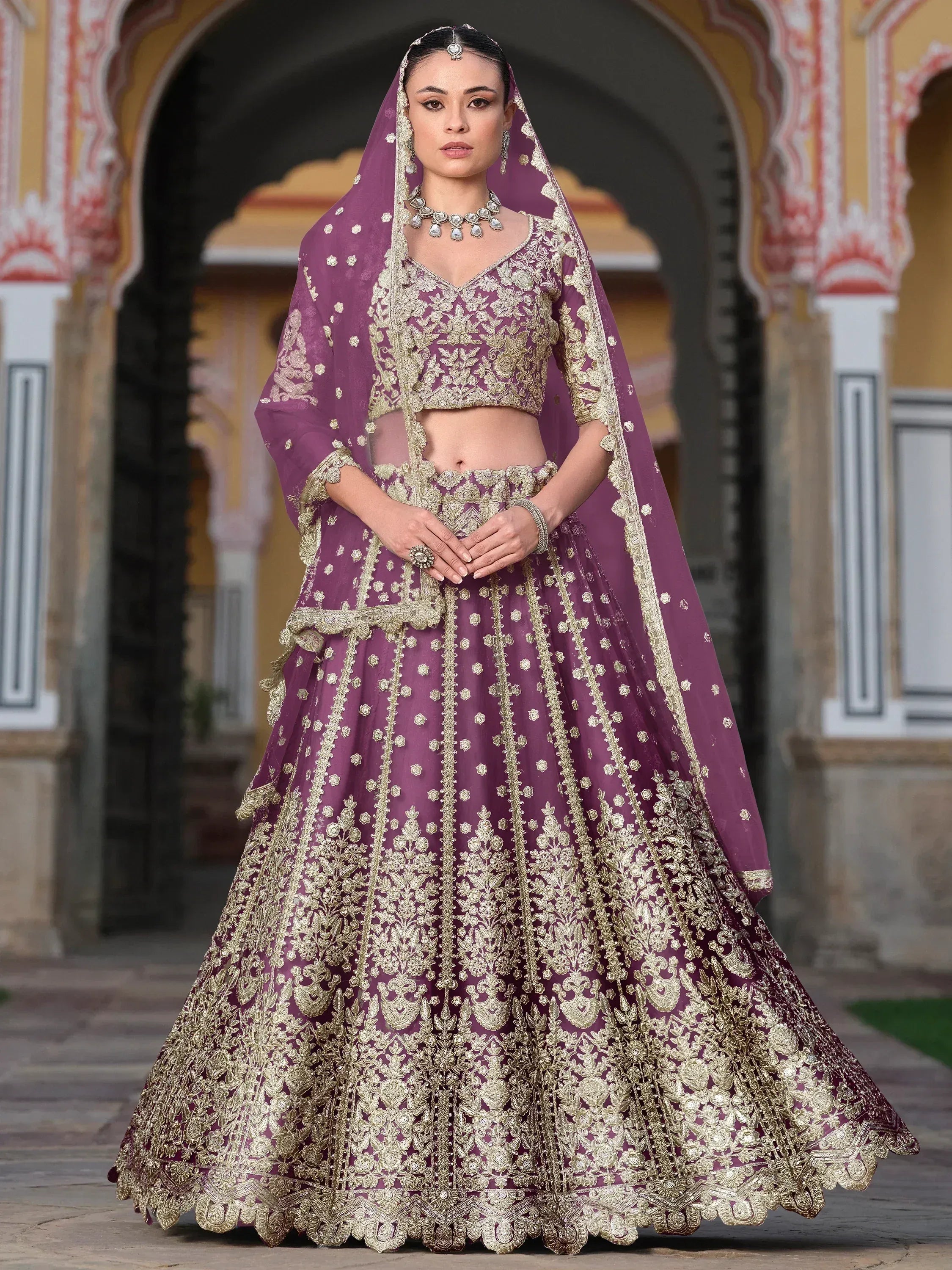 Purple and gold embroidered lehenga choli with dupatta, Indian ethnic wear for weddings