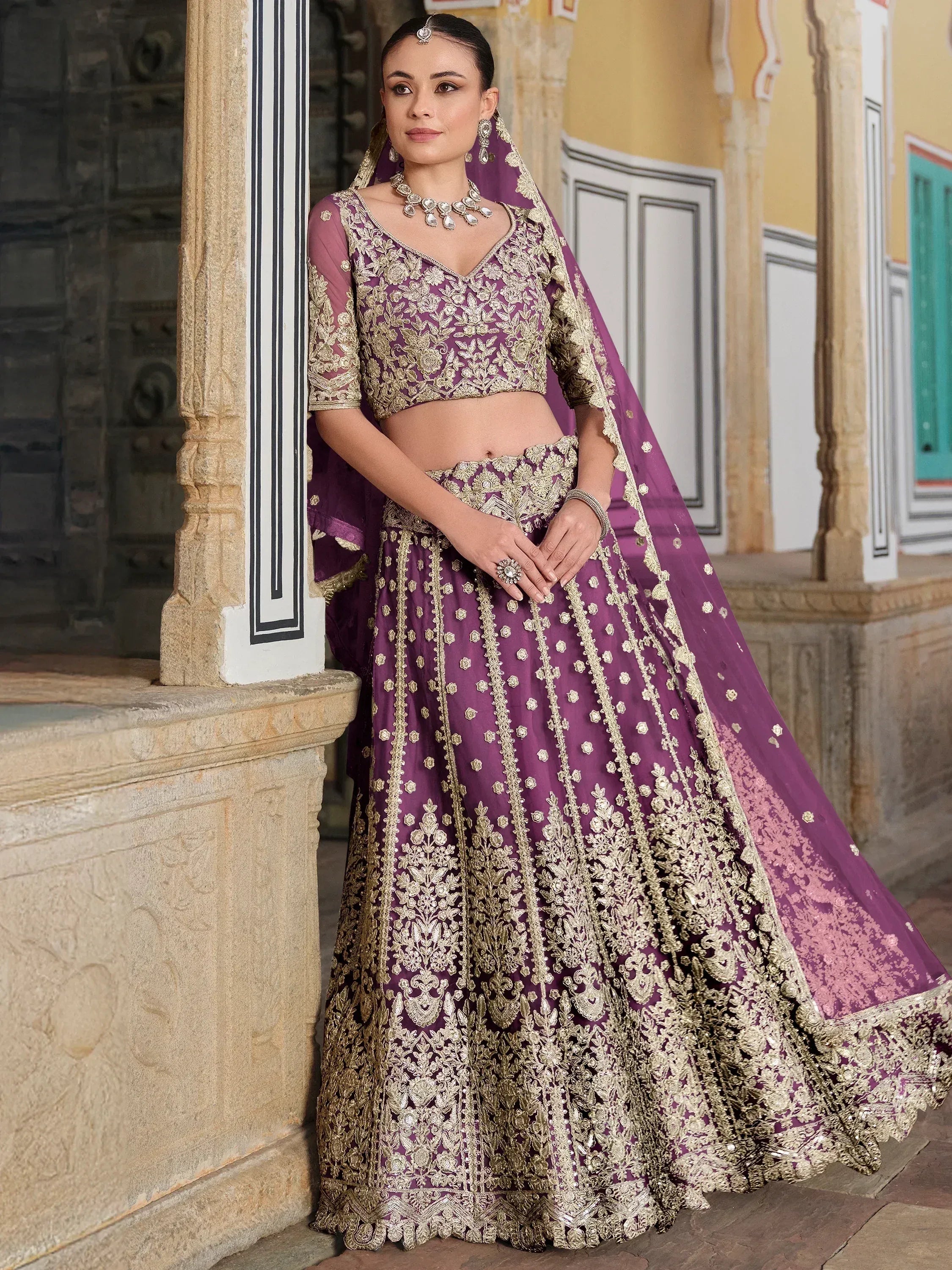 Purple and gold embroidered lehenga choli with dupatta, Indian ethnic wear for weddings