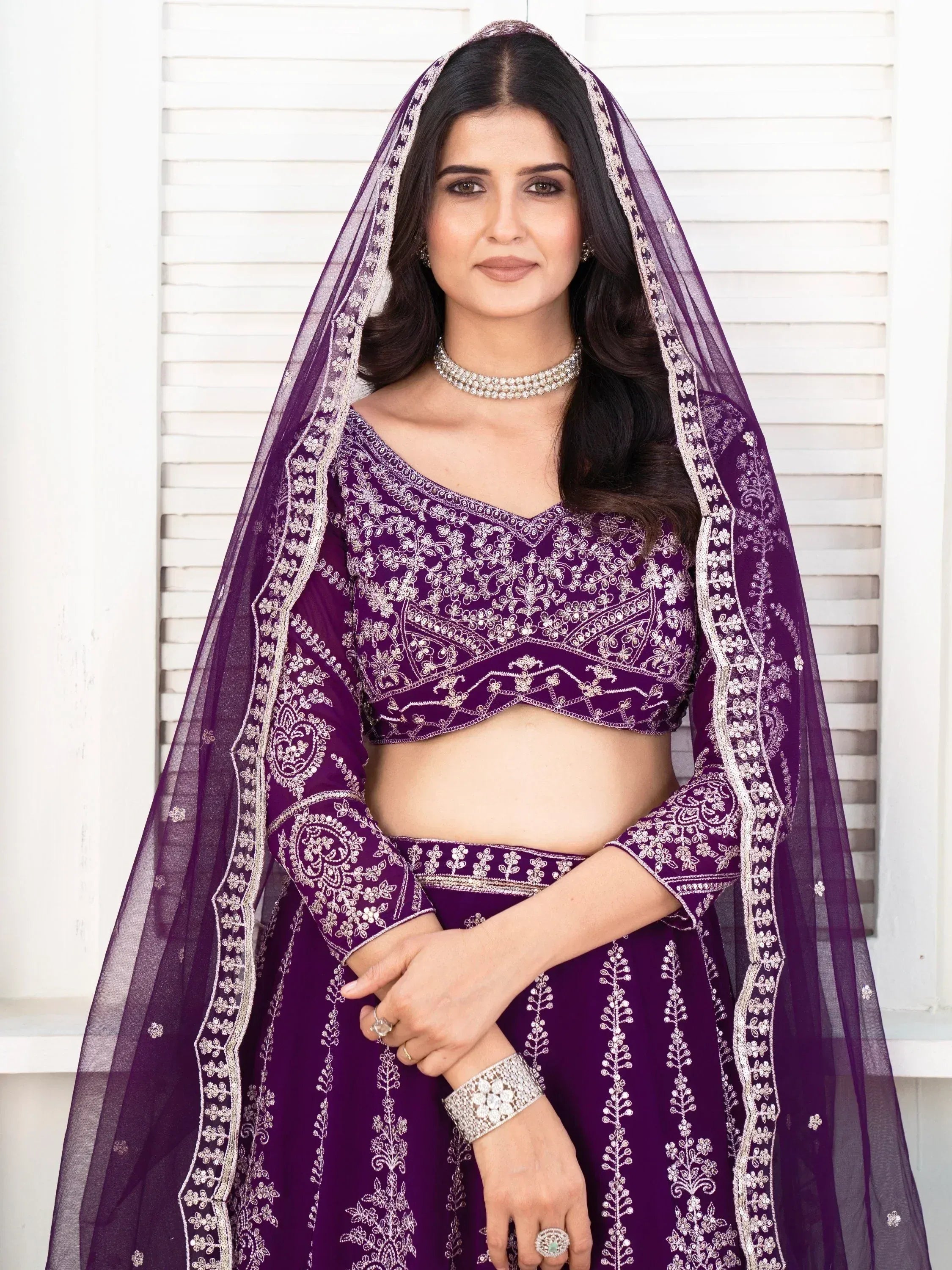 Purple embroidered lehenga choli with dupatta, Indian ethnic wear for weddings and parties