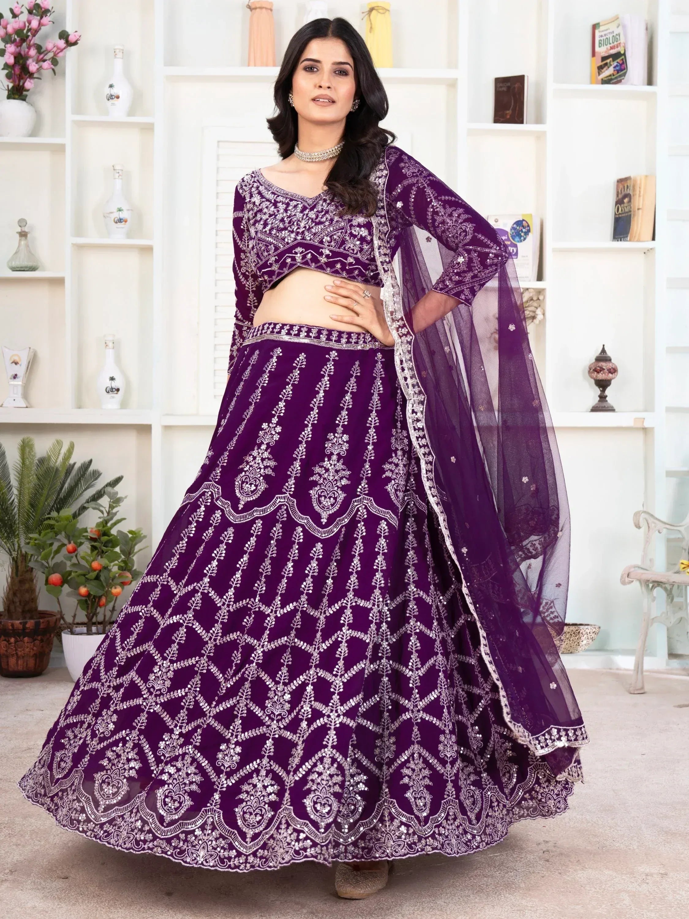 Purple embroidered lehenga choli with dupatta, Indian ethnic wear for weddings and parties