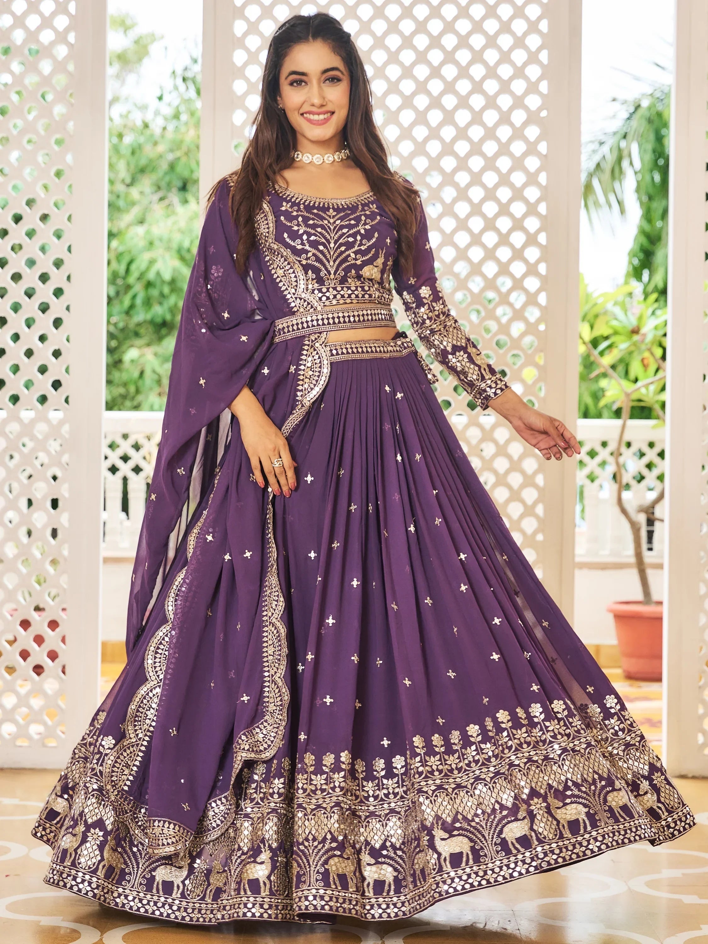 Fabulous Purple Sequins Georgette Lehenga Choli With Dupatta - Ethnic Plus In