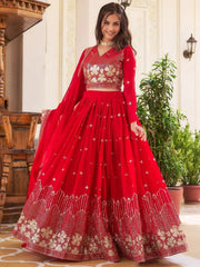 Fabulous Red Embroidered Georgette Function Wear Lehenga Choli - Ethnic Plus In