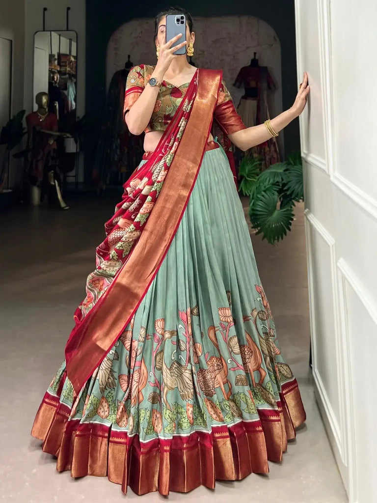 Fabulous Sea Green Printed Silk Onam Special Lehenga Choli With Dupatta - Ethnic Plus In