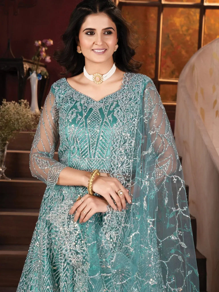 Fabulous Sky - Blue Zarkan Work Net Cocktail Lehenga Choli With Dupatta - Ethnic Plus In