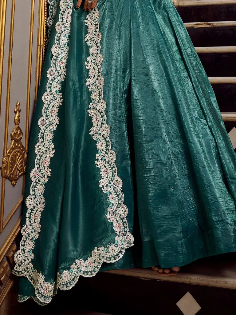 Fabulous Teal Blue Organza Wedding Lehenga Choli With Dupatta - Ethnic Plus In