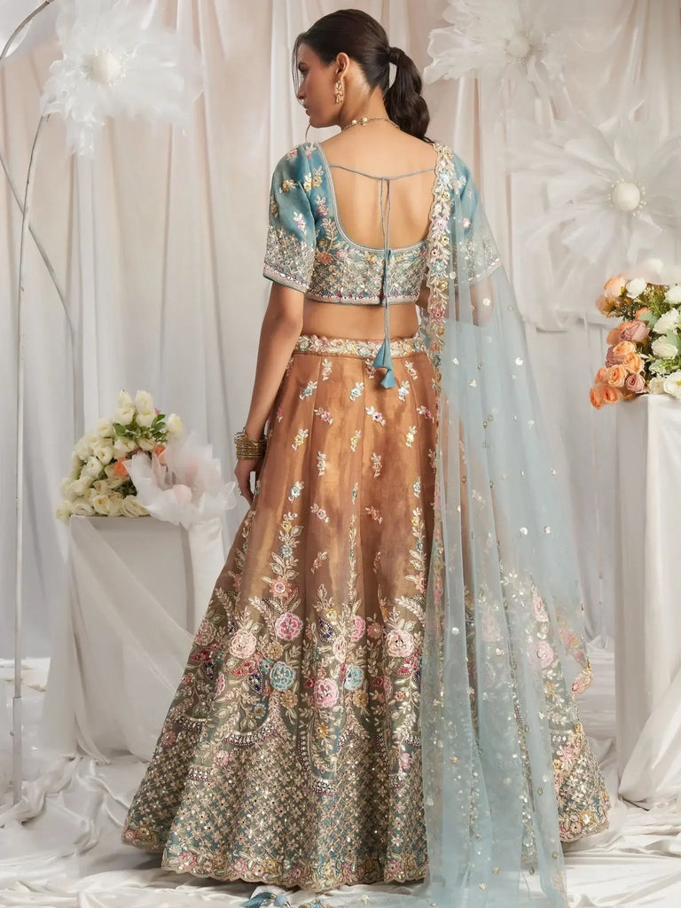 Fabulous Turquoise Color Sequins Tissue Wedding Wear Lehenga Choli - Ethnic Plus In