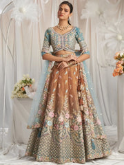 Fabulous Turquoise Color Sequins Tissue Wedding Wear Lehenga Choli - Ethnic Plus In