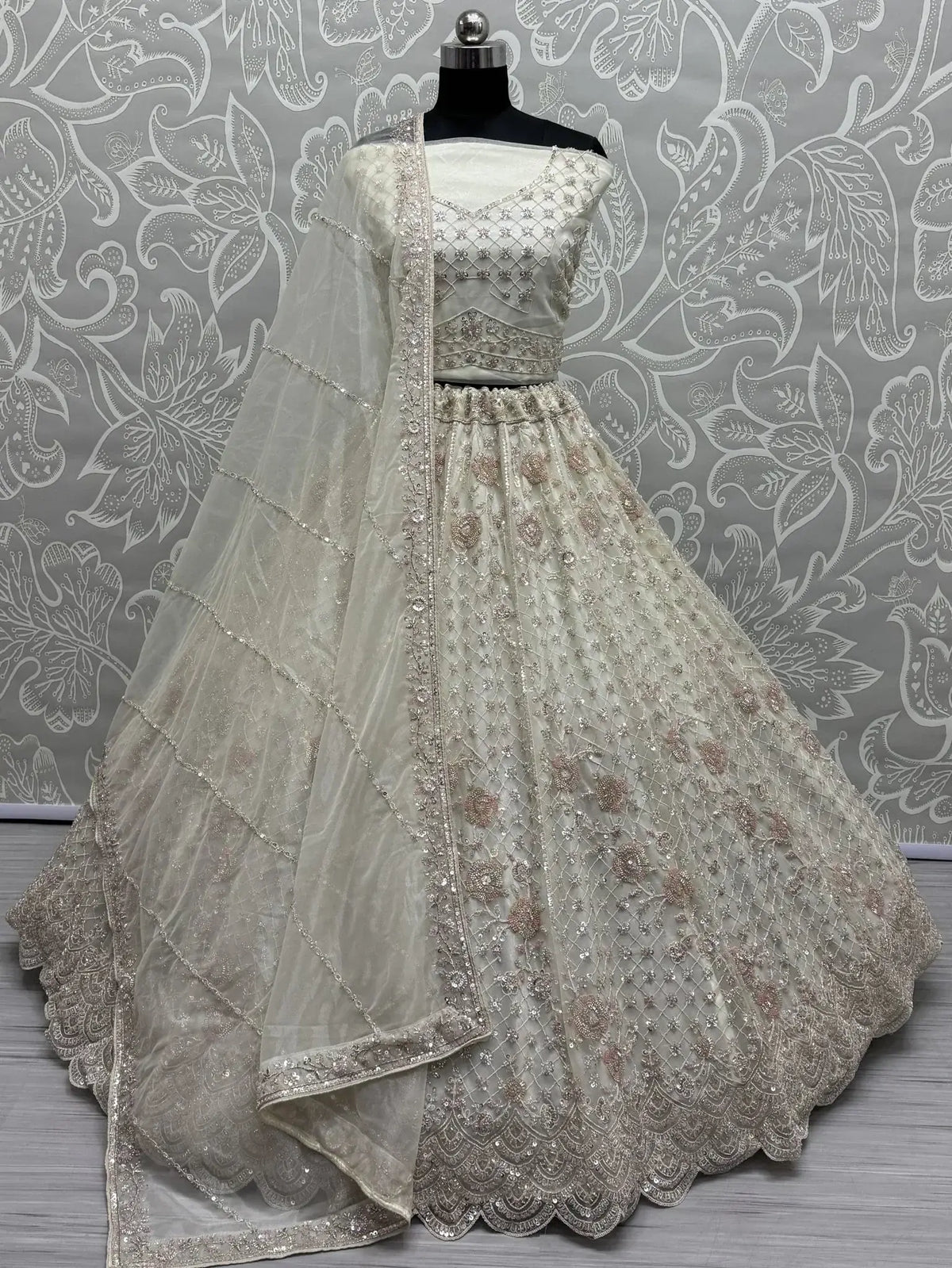 Fabulous White Sequins Net Designer Lehenga Choli With Dupatta - Ethnic Plus In