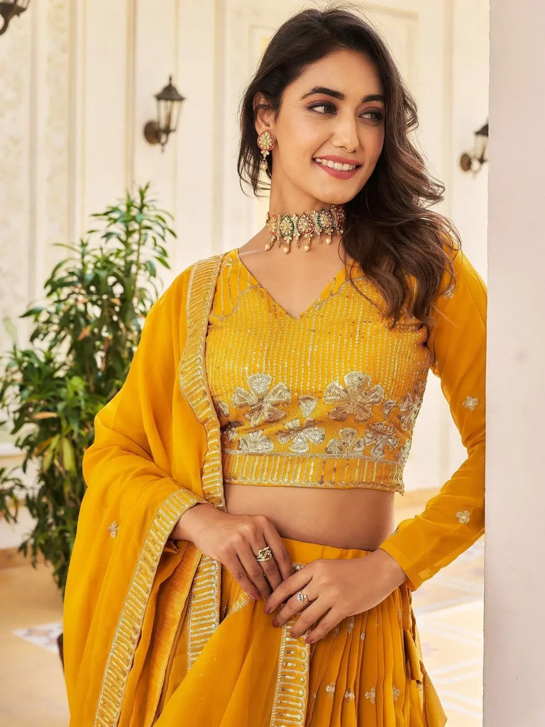 Fabulous Yellow Embroidered Georgette Haldi Wear Lehenga Choli - Ethnic Plus In