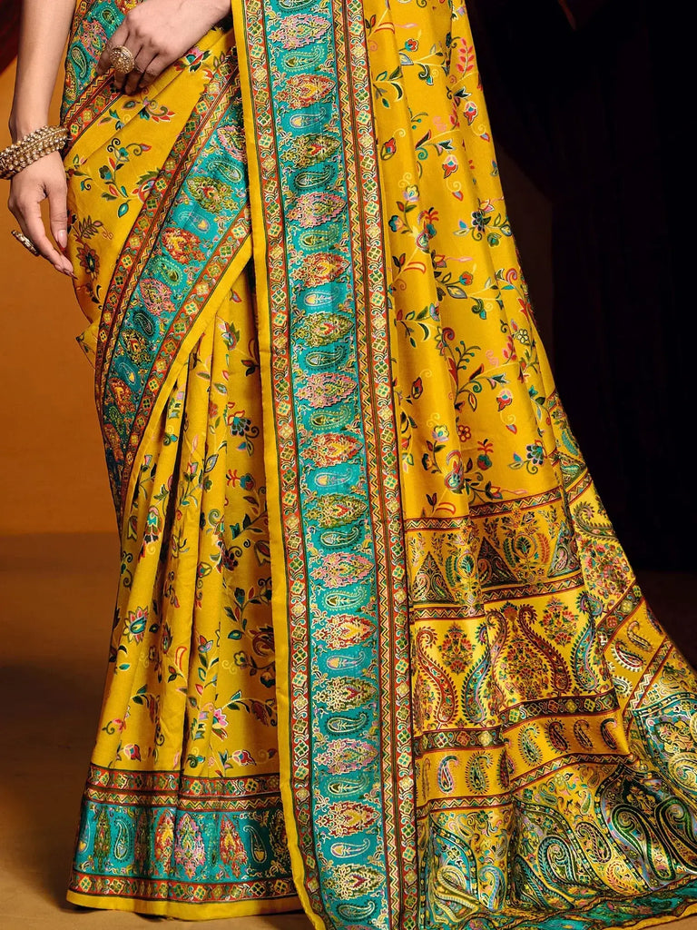 Fabulous Mustard Yellow Printed Tussar Silk Casual Wear Saree