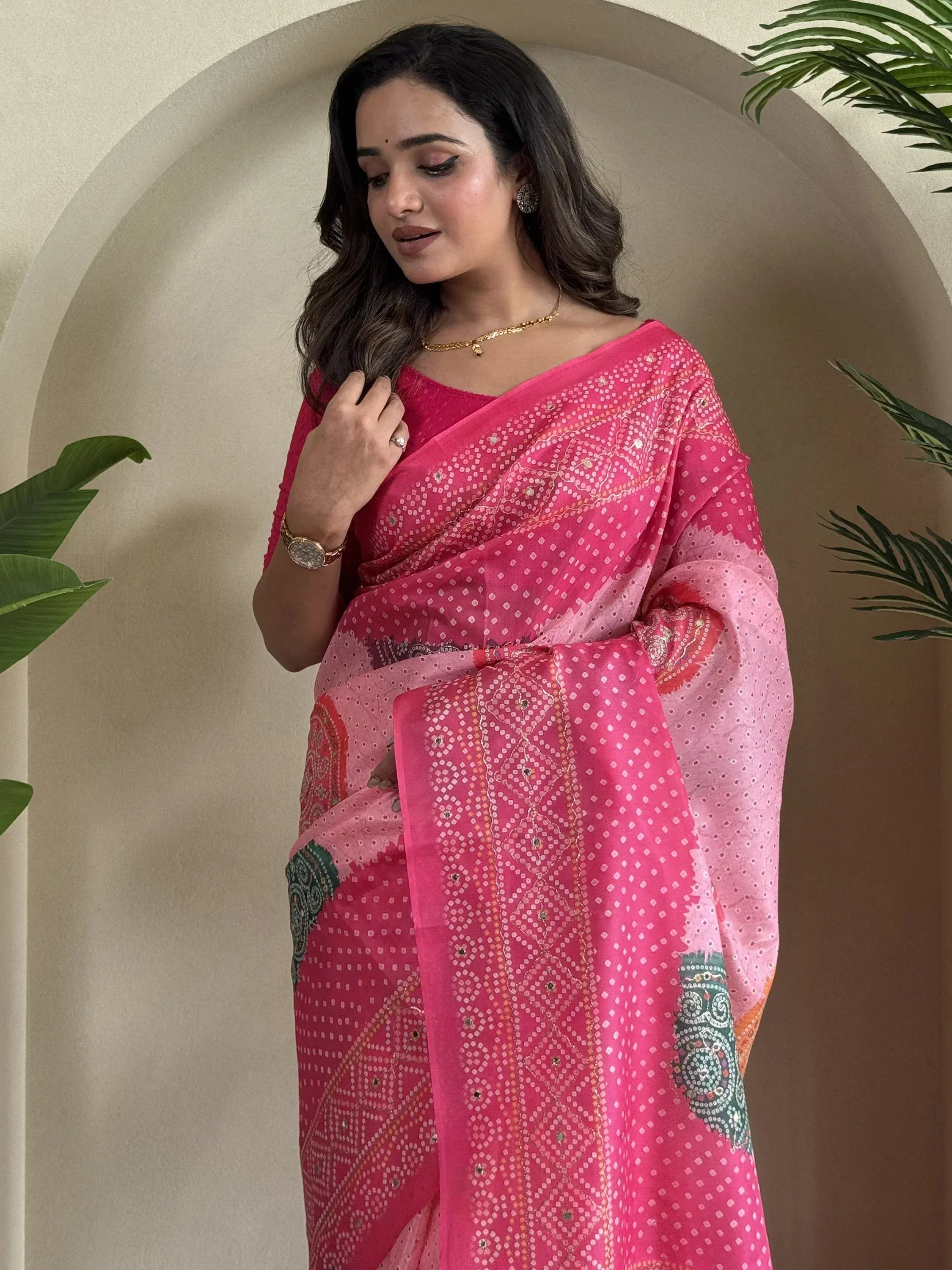 Pink printed saree with mirror work, ethnic wear for women, stylish Indian designer saree