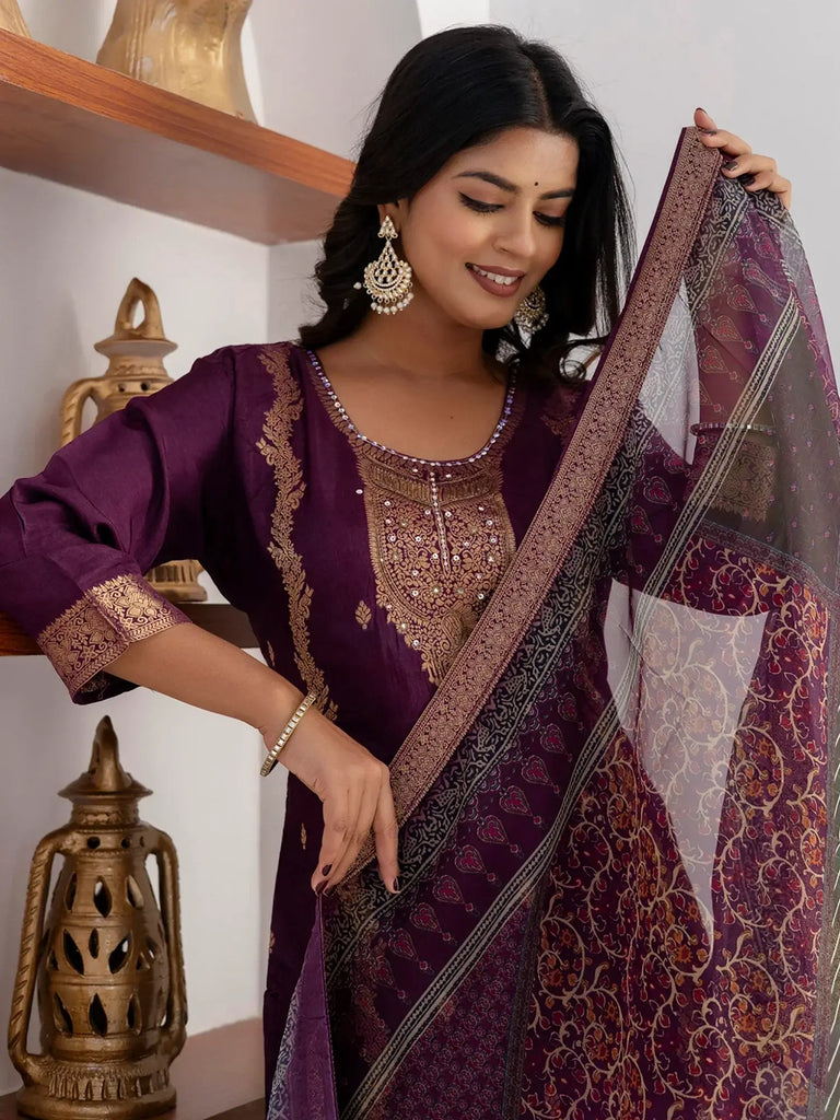 Fabulous Purple Zari Weaving Jacquard Traditional Pant Suit With Dupatta