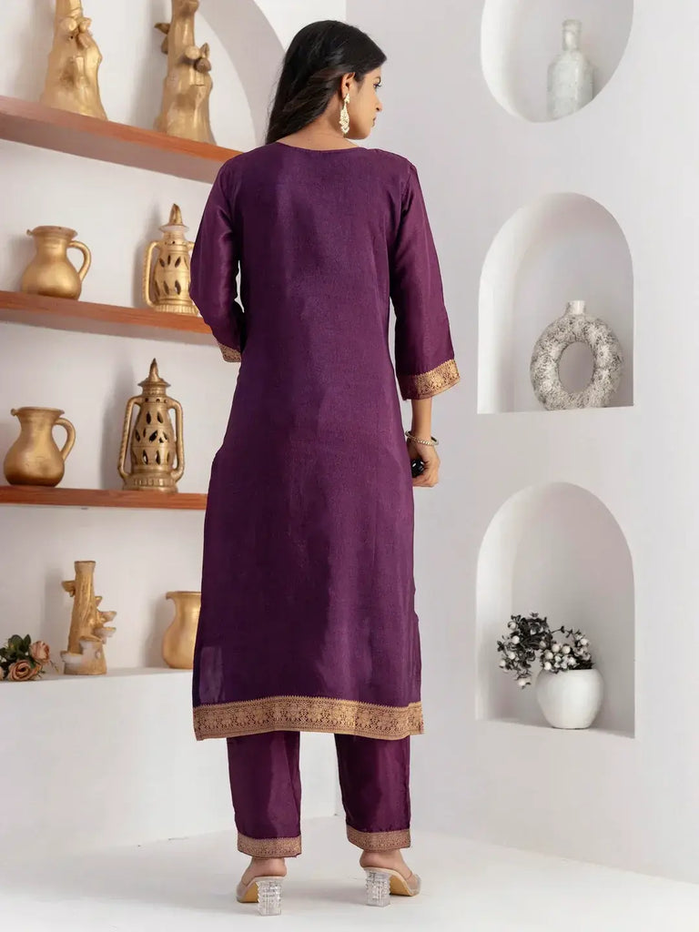 Fabulous Purple Zari Weaving Jacquard Traditional Pant Suit With Dupatta