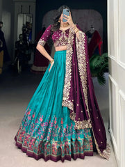 Fabulously Teal Blue Digital Printed Tussar Silk Festive Wear Lehenga Choli - Ethnic Plus In