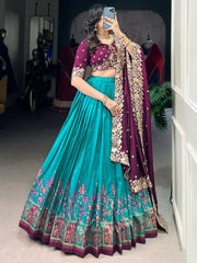 Fabulously Teal Blue Digital Printed Tussar Silk Festive Wear Lehenga Choli - Ethnic Plus In