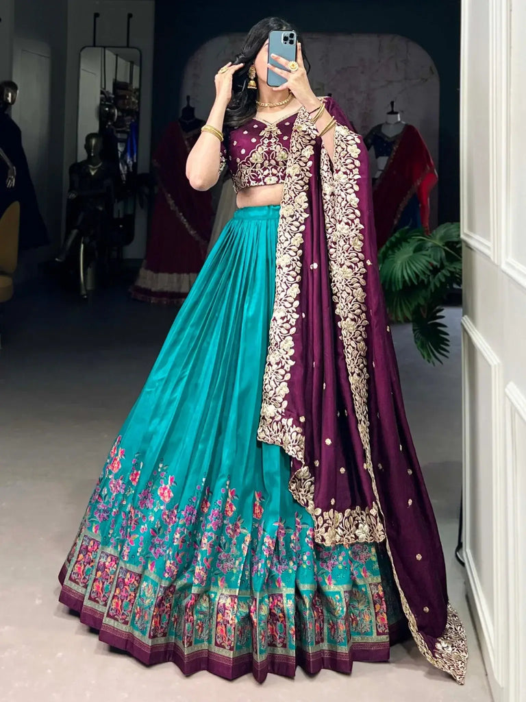 Fabulously Teal Blue Digital Printed Tussar Silk Festive Wear Lehenga Choli - Ethnic Plus In