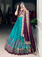 Fabulously Teal Blue Digital Printed Tussar Silk Festive Wear Lehenga Choli