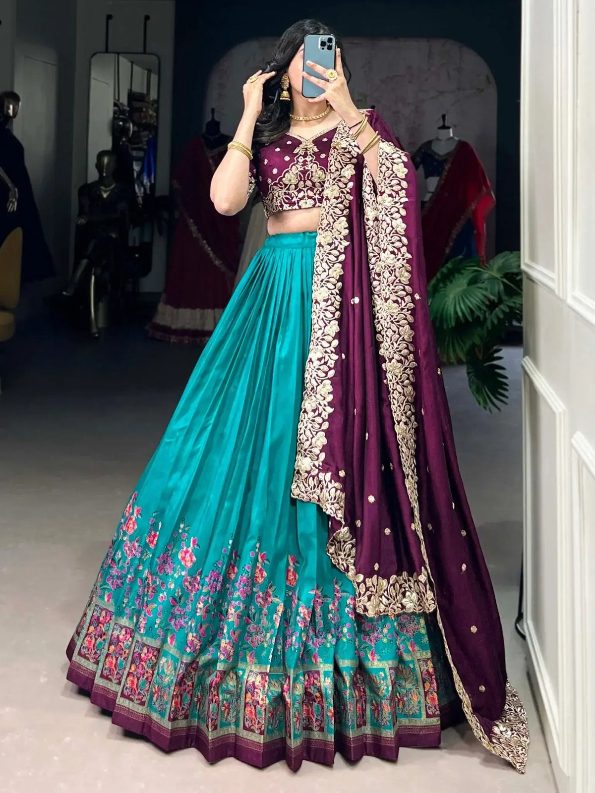 Fabulously Teal Blue Digital Printed Tussar Silk Festive Wear Lehenga Choli - Ethnic Plus In