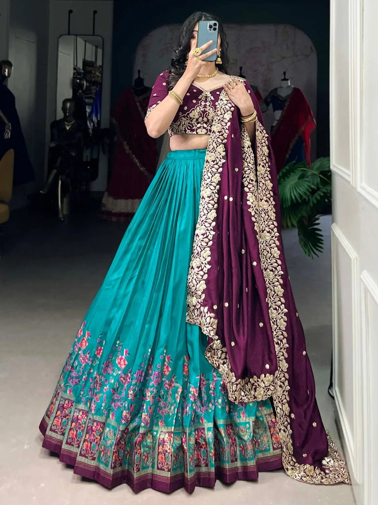 Fabulously Teal Blue Digital Printed Tussar Silk Festive Wear Lehenga Choli - Ethnic Plus In