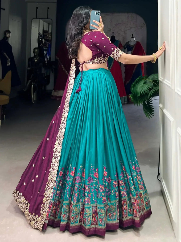 Fabulously Teal Blue Digital Printed Tussar Silk Festive Wear Lehenga Choli - Ethnic Plus In