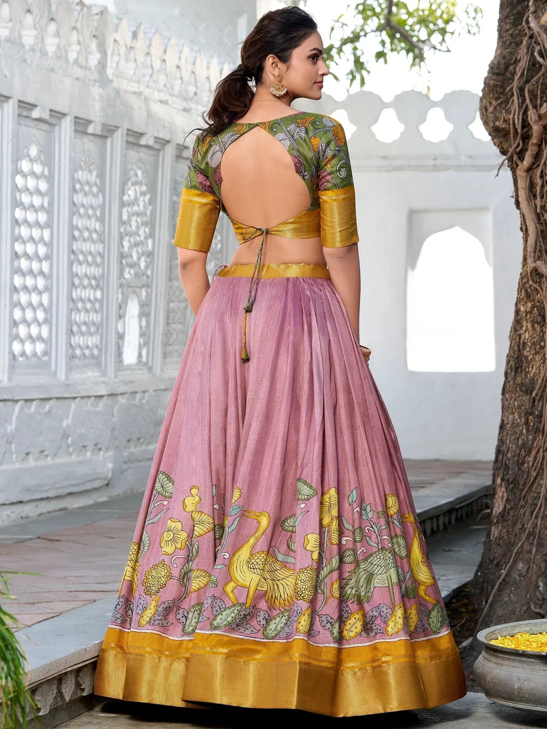 Pink floral lehenga with golden border and backless green blouse, Indian ethnic wear