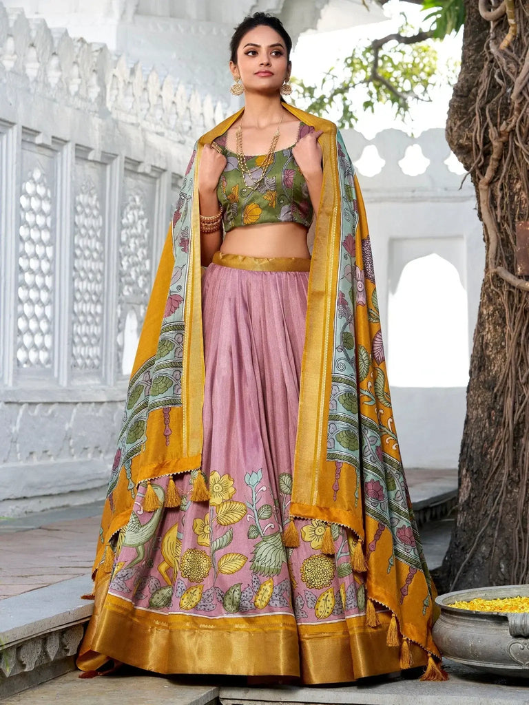 Fantabulous Mauve Kalamkari Print Dola Silk Traditional Lehenga Choli - Ethnic Plus In