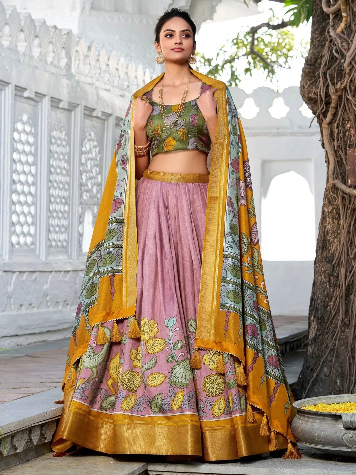 Fantabulous Mauve Kalamkari Print Dola Silk Traditional Lehenga Choli - Ethnic Plus In