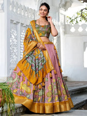 Fantabulous Mauve Kalamkari Print Dola Silk Traditional Lehenga Choli - Ethnic Plus In