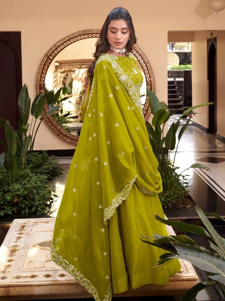 Fantabulous Parrot Green Georgette Sequins Mehendi Wear Lehenga Choli - Ethnic Plus In