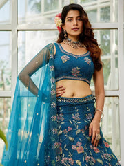 Fantastic Blue Embroidered Net Bridesmaid Lehenga Choli With Dupatta - Ethnic Plus In