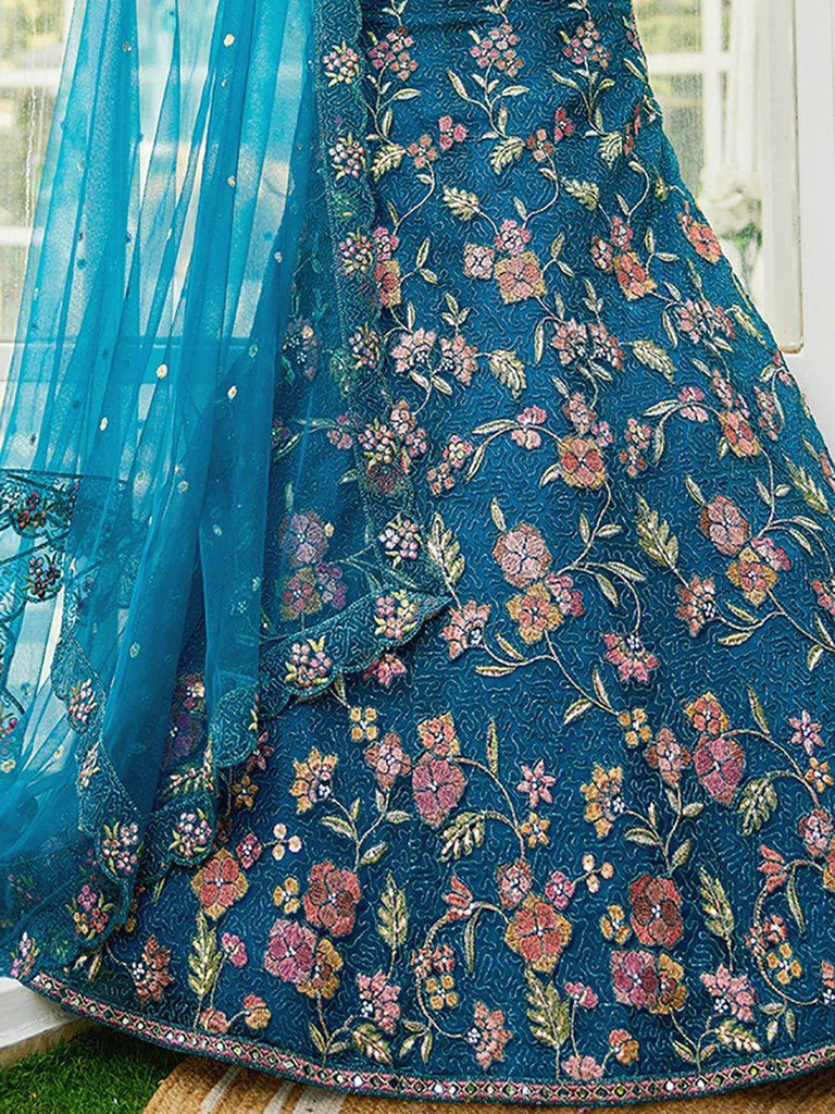 Fantastic Blue Embroidered Net Bridesmaid Lehenga Choli With Dupatta - Ethnic Plus In