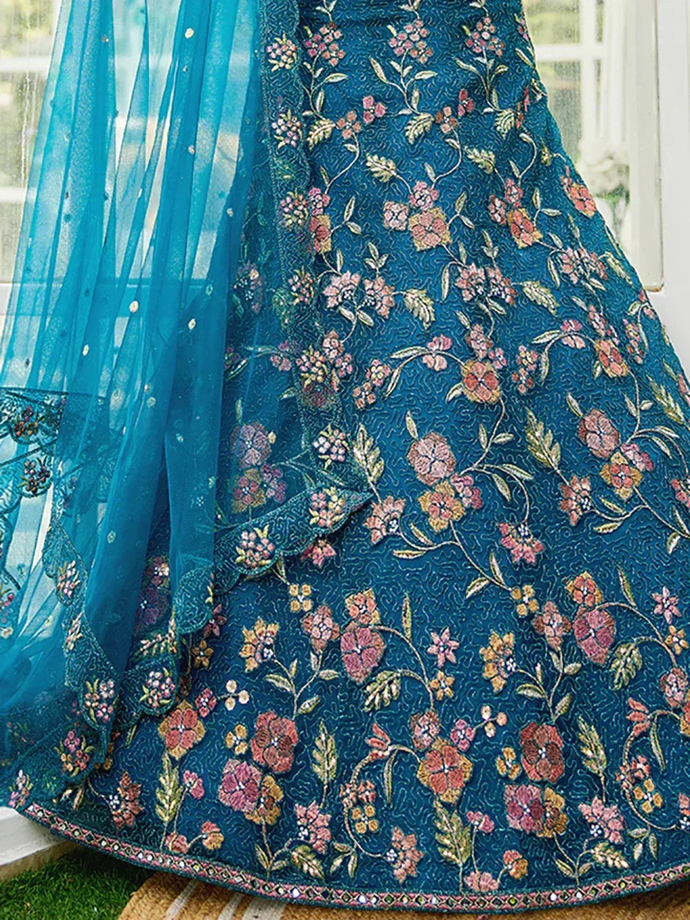 Teal floral embroidered lehenga with matching dupatta, Indian ethnic wear