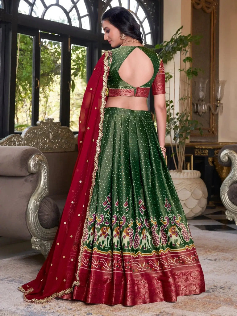 Fantastic Bottle Green Silk Ikat Print Event Wear Lehenga With Blouse - Ethnic Plus In