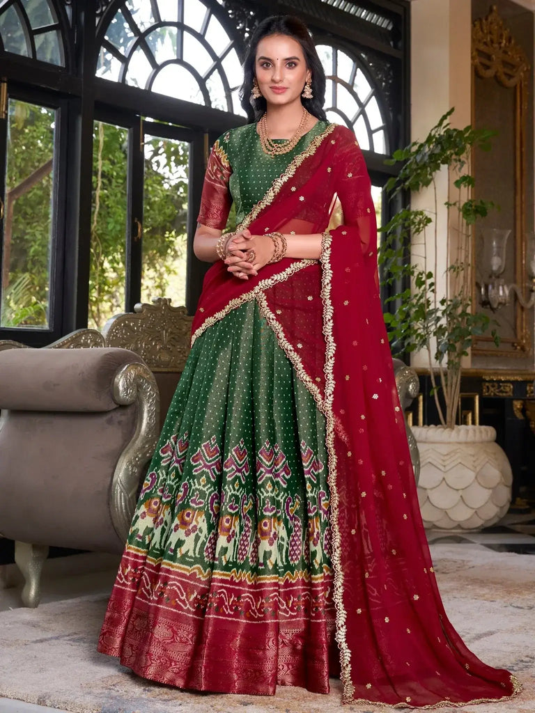 Fantastic Bottle Green Silk Ikat Print Event Wear Lehenga With Blouse - Ethnic Plus In