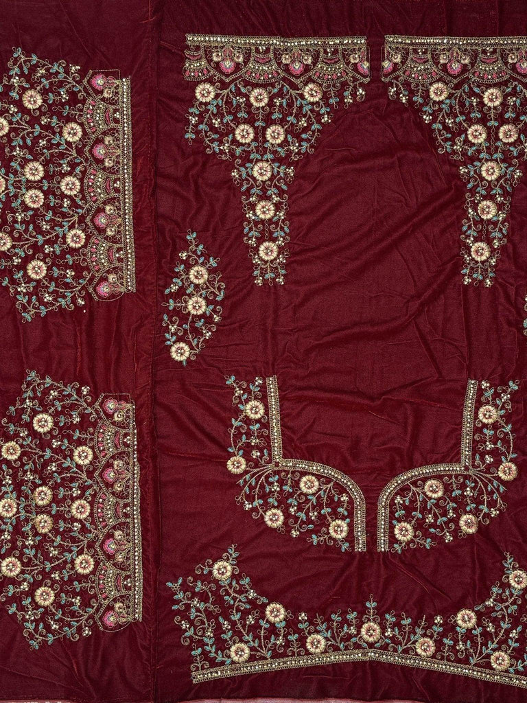 Fantastic Maroon Thread Work Velvet Bridal Lehenga Choli With Double Dupatta - Ethnic Plus In