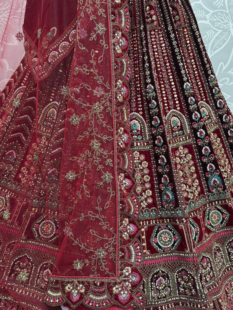 Fantastic Maroon Thread Work Velvet Bridal Lehenga Choli With Double Dupatta - Ethnic Plus In