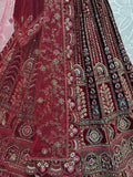 Fantastic Maroon Thread Work Velvet Bridal Lehenga Choli With Double Dupatta - Ethnic Plus In